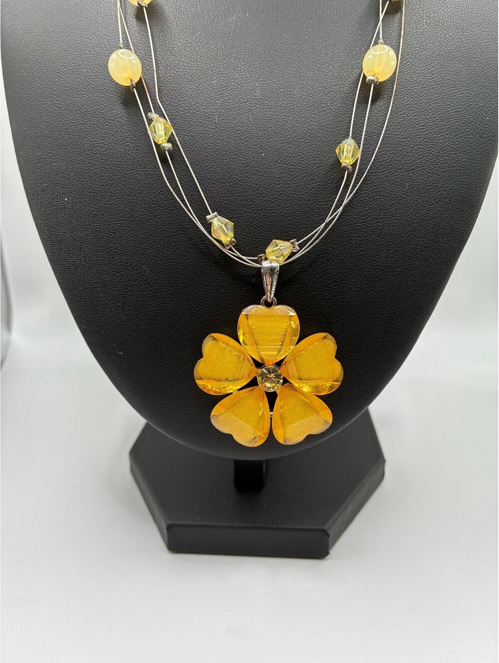 Yellow Flower Pendant Necklace with Multi-Strand Beaded Chain